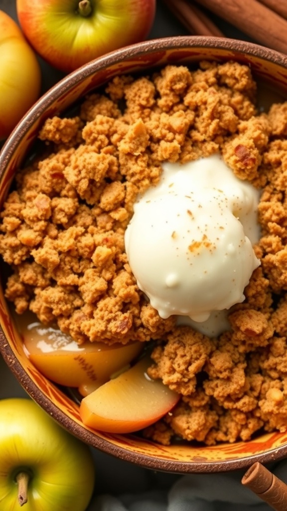Classic Apple Crumble Recipe A delicious apple crumble with a golden topping, served with melting vanilla ice cream, on a rustic wooden table.